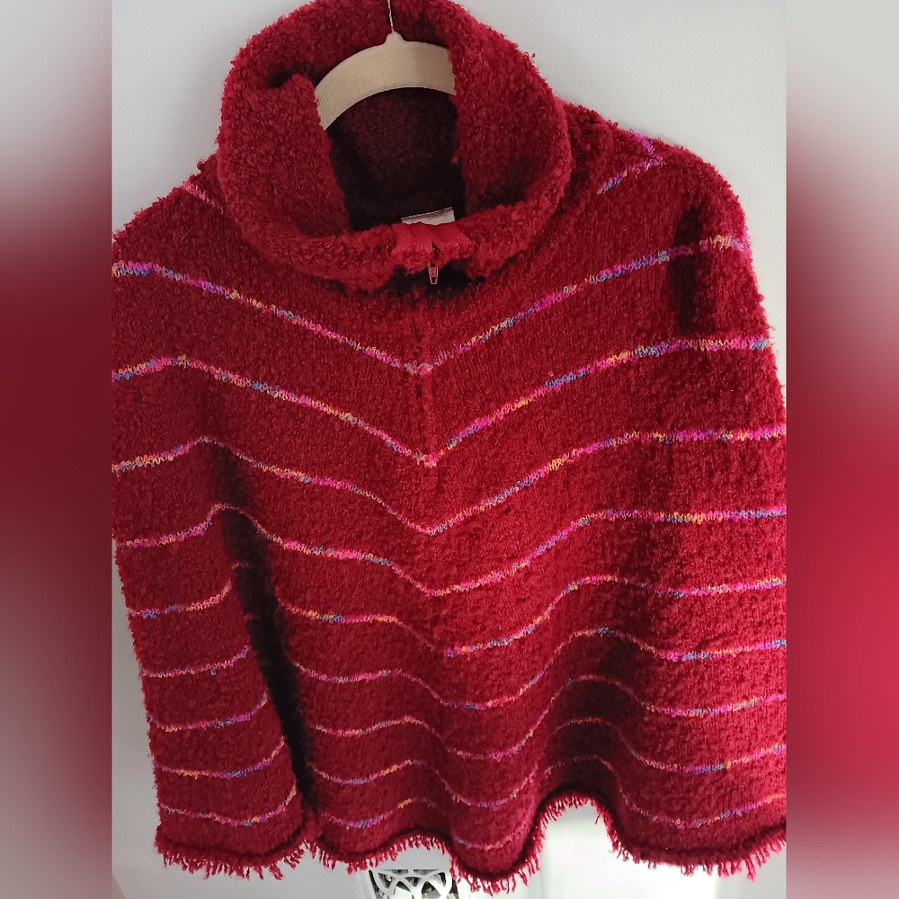 Vibrant Red Knit Poncho Cape Cowal Neck Fringe Wool Blend
